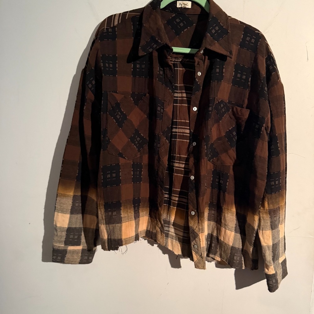 POL Mixed Plaid Patchwork Button Down Top Womens‎ L Oversized Distressed Boho